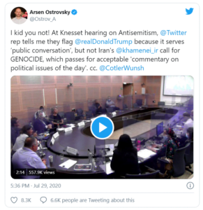 Israeli legislature presses Twitter on 'double standard' between Iran's 'genocide' tweets and Trump's