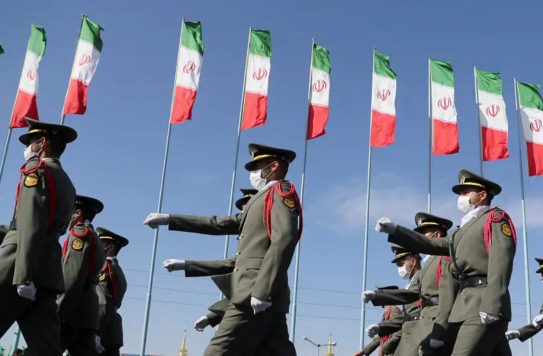 Iranian armed forces members march during a ceremony of the National Army Day parade in Tehran, Iran.